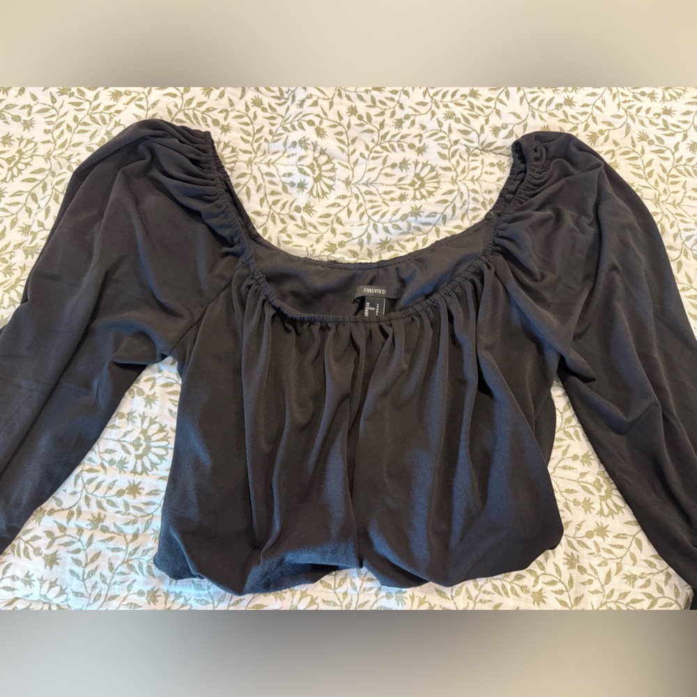 Forever 21 Black Ruched Ruffled 3/4 Sleeve Blouse